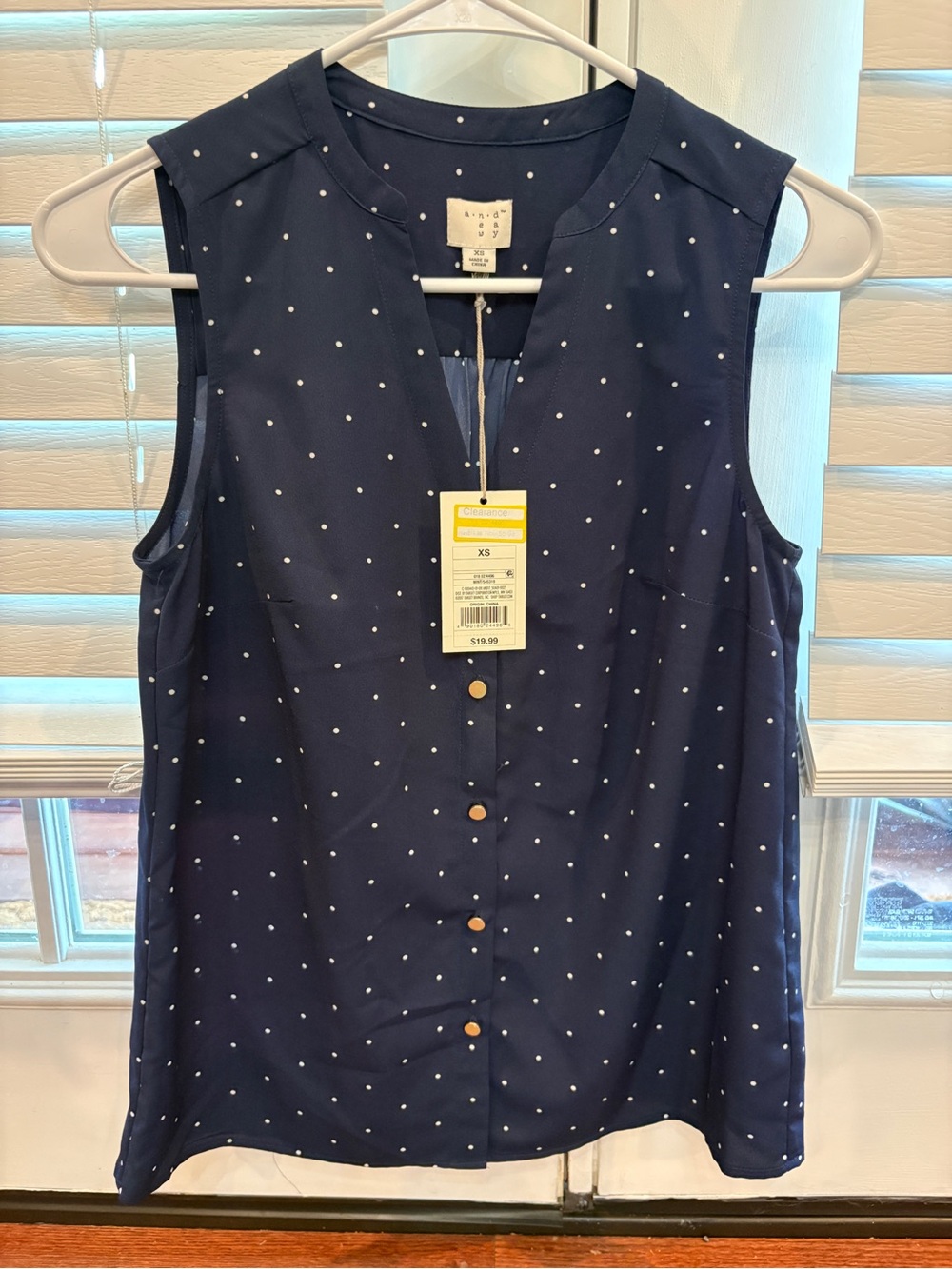 Sleeveless Navy Polka Dot Button-Front Shirt